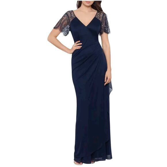 Xscape Dress Navy Blue Long Beaded Ruffle Wedding Cruise Formal Size 12 NWT - Picture 1 of 6